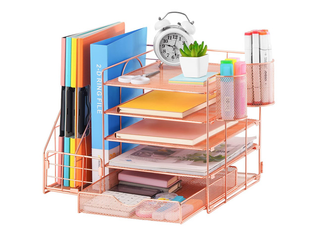Rose Gold Desk Organizer with File Holder, 5-Tier Paper Letter Tray Organizer and Drawer, Mesh Desktop Storage with Magazine Holder for Office...