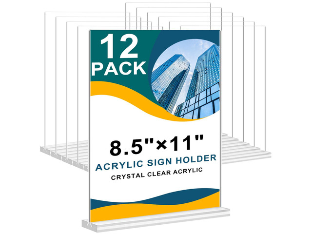Acrylic Sign Holder 8.5 x 11 Inches, 12 Pack Clear Display Table Top Signs Stand, Double Sided Vertical Flyer Holder,Plastic Frames Paper Holder...