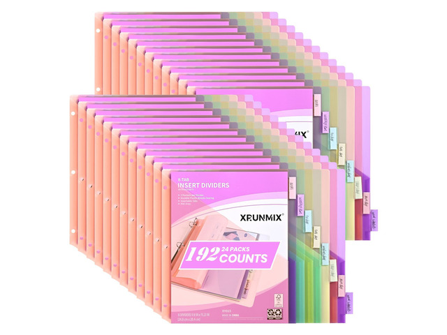Bulk 24 Packs 8-Tab Binder Dividers with 2 Pockets, 192 Counts Binder Dividers Index for 3 Ring Binders, 8 Pastel Colors, US Letter Size (24)