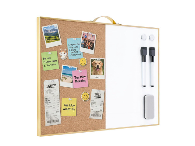 Small Combination Board - 12' X 16' Portable Aluminum Gold Framed Magnetic Dry Erase Board for Wall, Small Bulletin Cork Board with Holder for...