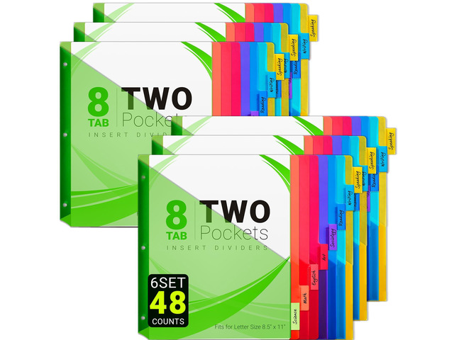 8-Tab Dividers for 3-Ring Binders, 48 Counts 3 Holes Index Dividers with 2 Pockets, Insertable 8 Tabs Binder Divider for 1/2''/1''/2''/3'' inch...