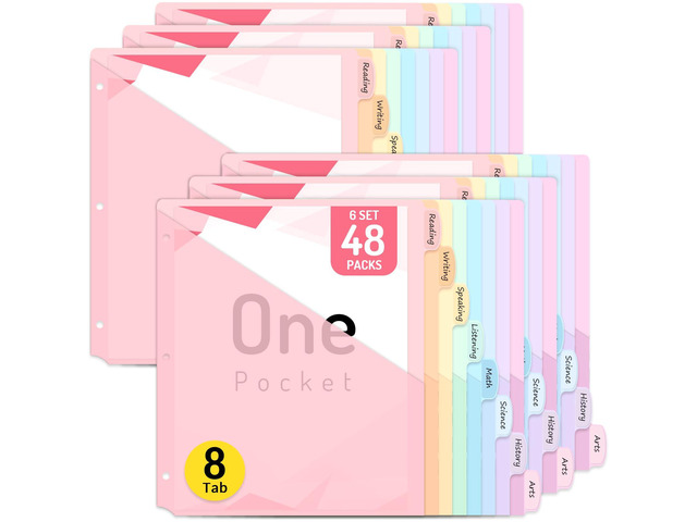 48 Count Dividers for 3 Ring Binder, 8 tabs Binder Dividers Dividers with Pockets, Binder Dividers with Tabs for School Office and Home...