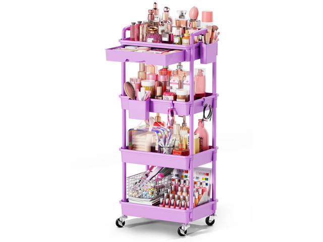 Rolling Makeup Organizer Cart with Removable Drawer, 4 Tier Purple Stable Floor Skincare Storage Cart for Vanity, Cosmetic Display, Nail Polish,...