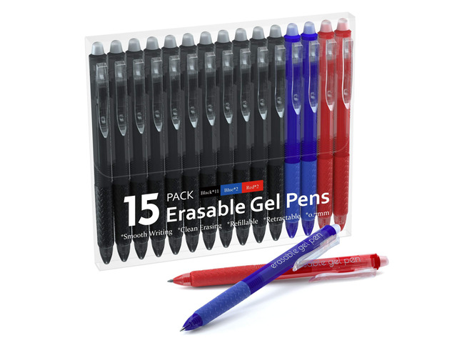 Erasable Gel Pens, 15 Pack Retractable Erasable Pens Clicker, Fine Point, Make Mistakes Disappear, 11 Black 2 Blue 2 Red Inks for School & Office