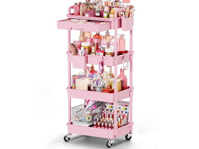 Rolling Makeup Organizer Cart with Removable Drawer, 4 Tier Pink Stable Floor Skincare Storage Cart for Vanity, Cosmetic Display, Nail Polish,...