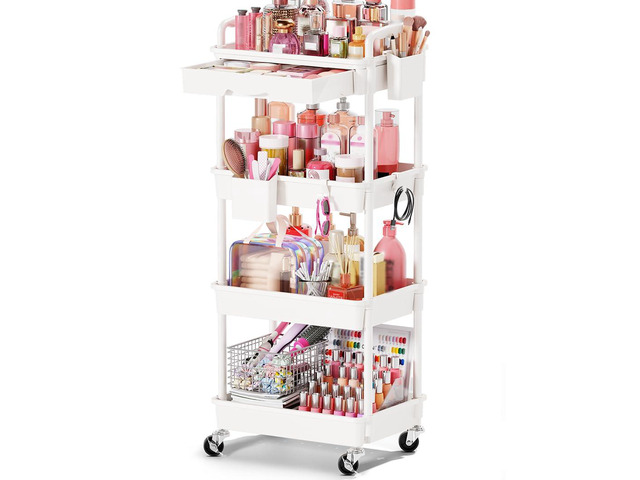 Rolling Makeup Organizer Cart with Removable Drawer, 4 Tier White Stable Floor Skincare Storage Cart for Vanity, Cosmetic Display, Nail Polish,...