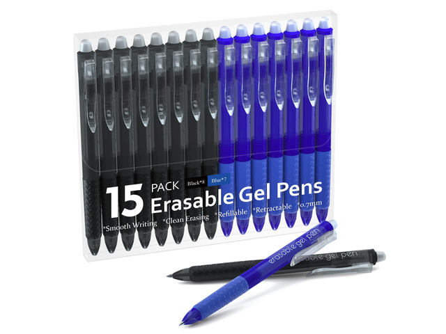Erasable Gel Pens, 15 Pack Retractable Erasable Pens Clicker, Fine Point, Make Mistakes Disappear, 8 Black 7 Blue Inks for School & Office