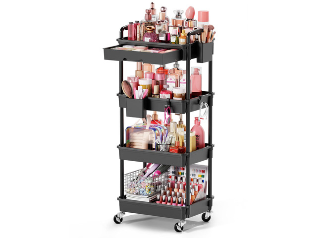 Rolling Makeup Organizer Cart with Removable Drawer, 4 Tier Black Stable Floor Skincare Storage Cart for Vanity, Cosmetic Display, Nail Polish,...