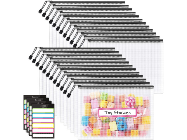 24 Pack Mesh Zipper Pouch with Sticky Labels, A4 Mesh Bags Organizer Sturdy Letter Size File Folders, Office School Classroom Supplies, Toy Storage...