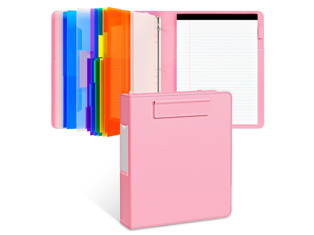 3 Ring Binder Clipboard with Storage, 5 Folders, Pink 3 ring clipboard portfolio combines five expandable folders, a refillable letter size notepad...