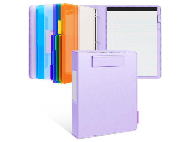 3 Ring Binder Clipboard with Storage, 5 Folders, Purple 3 ring clipboard portfolio combines five expandable folders, a refillable letter size...