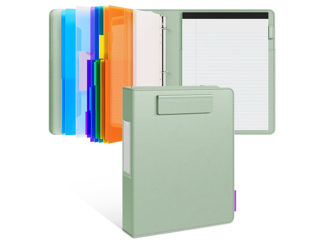3 Ring Binder Clipboard with Storage, 5 Folders, Grass Green 3 ring clipboard portfolio combines five expandable folders, a refillable letter size...