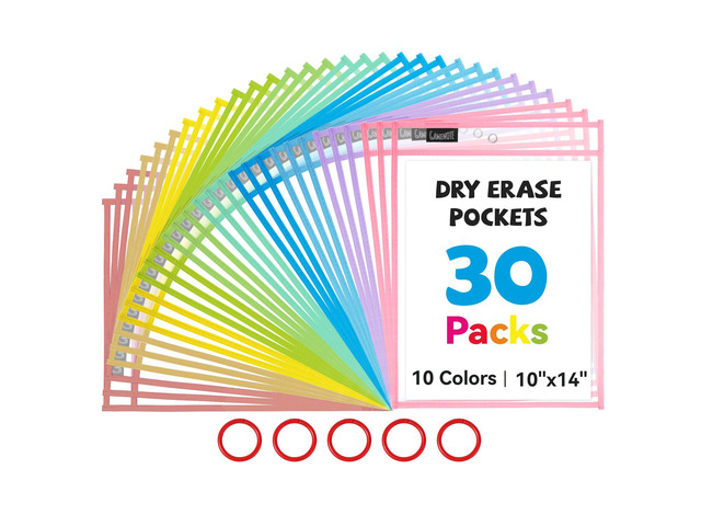 30 Pack Pastel Dry Erase Pockets, 10x14 Reusable Sleeves 30 reusable PVC pockets hold 8.5 x 11 and 9 x 12 sheets; double sided wipe clean surfaces,...