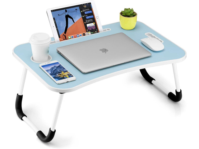 Foldable Laptop Table, Portable Lap Desk Bed Table Tray, Laptop Stand with Cup Holder & Tablet Slot & Lifting Handle for Working Writing Drawing &...