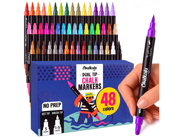 48 Chalk Markers for Chalkboard, Glass & Mirror - Dot + Brush Tip 48 Colors - Washable, Non Toxic, No Prep - Fine Tip Erasable Liquid Chalk Pens...