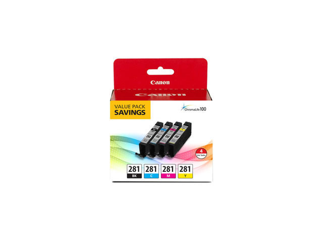 CLI-281 Black, Cyan, Magenta and Yellow 4 Ink Pack, Compatible to TR8520, TR8620 Series, TS9120, and TS6210 Printers