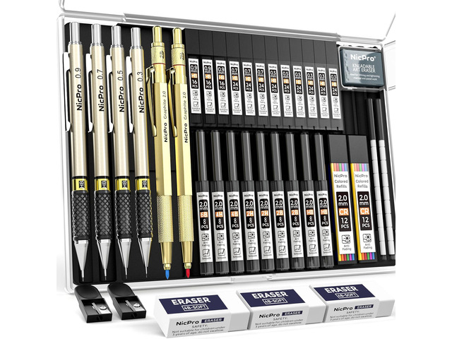 37PCS Gold Art Mechanical Pencil Set, 0.3/0.5/0.7/0.9/2mm Point 360 Lead Refills(6B 4B 2B HB 2H 4H) 4 Erasers+18 Eraser Refills, Full Metal, School...