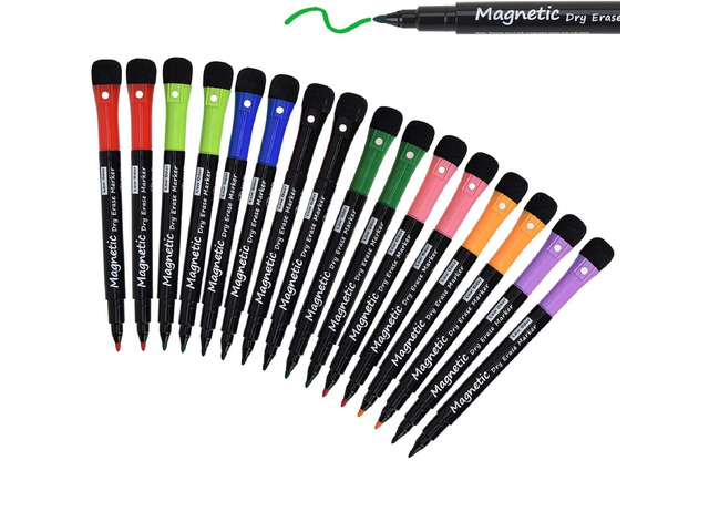 16 Pack Magnetic Dry Erase Markers - Fine Tip (8 Colors) Low Odor Whiteboard Markers for Kids & School, for Whiteboard, Calendar, Refrigerator