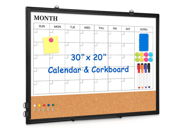 Calendar Whiteboard Dry Erase for Wall, 30' x 20' Month White Board Black Double-Sided Magnetic, Calendar Cork Whiteboard Combo, Aluminium Frame,...