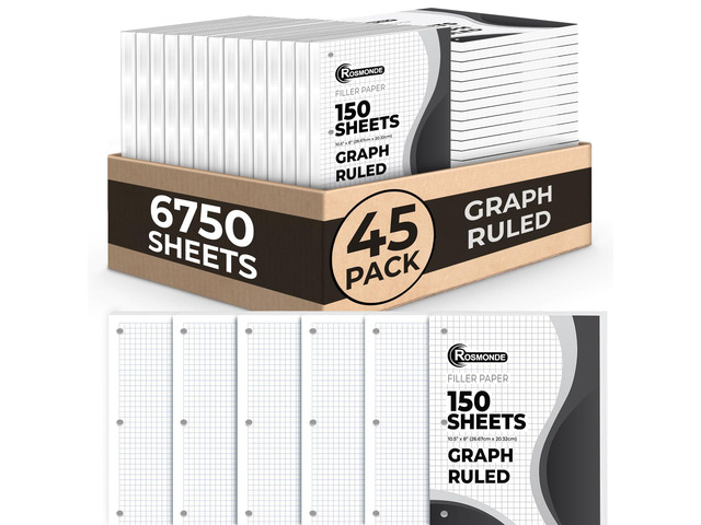 45 Pack Graph Paper Bulk, 6750 Sheets, Bulk Loose Leaf Paper Loose Leaf Paper, 8' x 10.5', 3 Hole Punched, Bulk Paper, 4x4 Graphing Paper, Bulk...