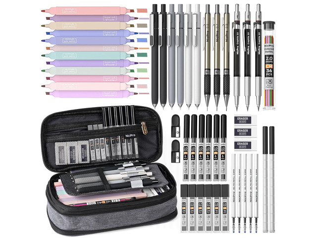 School Supplies Stationary Set with Pencil Case, 50 PCS Black Back to Schoo Supplies, Pen Case with 12 Highlighter, 5 Gel Pen, 6 Mechanical Pencil,...