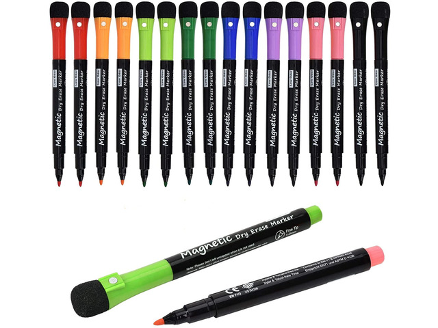 Magnetic Dry Erase Markers, Fine Tip Low Odor Whiteboard Markers for Kids & School, Work On White board & Calendar, Refrigerator (16 Pack)