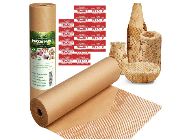 Honeycomb Packing Paper Wrap 15'x200' Sustainable Alternative to Bubble Cushioning Wrap for Moving/shipping/packing Roll with 20 Fragile Sticker...