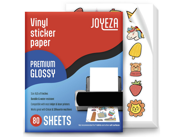 Premium Printable Vinyl Sticker Paper for Inkjet Printer - 80 Sheets Glossy White Waterproof, Dries Quickly Vivid Colors, Holds Ink well - Inkjet &...