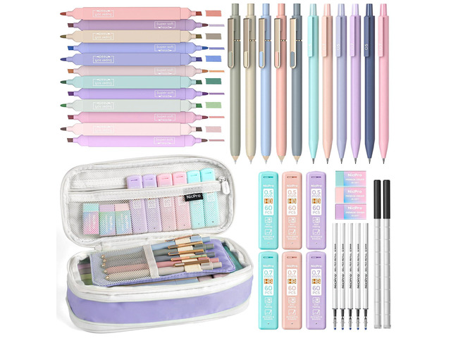 School Supplies Stationary Set with Pencil Case, 39 PCS Purple Back to Schoo Supplies, Pen Case with 12 Highlighter, 5 Gel Pen, 6 Mechanical...