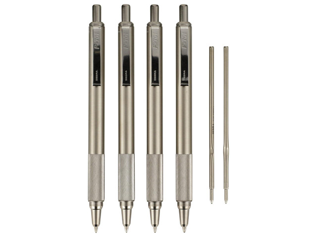 STEEL F-701 Retractable Ballpoint Pen, Black Ink, 0.8mm, 4-Pack Built for Tactical / EDC Use, Stainless Steel, Knurled Grip, Heavy-Duty...