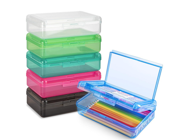 6 Pack Double Layer Plastic Hard Clear Color Pencil box Case for Girl Boy Colored Cute kids Pen Case Box for Marker Crayon,School Office Art...