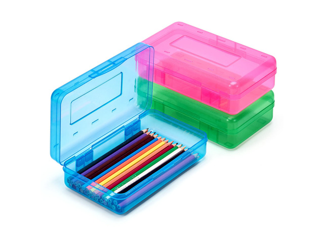 Plastic Pencil Box with Personalized Sticker,Kid Hard Pencil Case with Snap-tight Lid,Small Art Craft Storage Containers,School Supplies Box for...