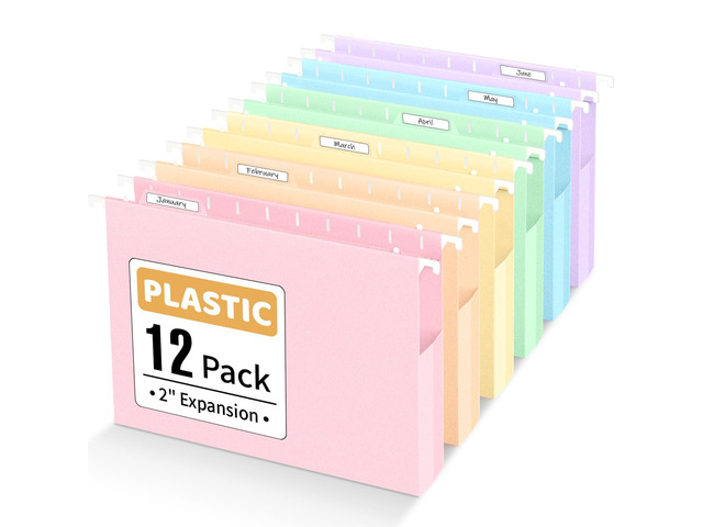 Extra Capacity Plastic Hanging File Folders, File Organizer 12 Counts Expanding File Folders Letter Size with 2' Expansion, 1/6-Cut Tabs for File...