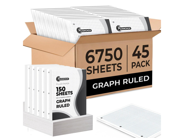 45 Pack, 6750 Sheets Graph Paper Bulk, 4x4, Bulk Grid Paper Bulk Loose Leaf Paper, 8' x 10.5', Thick Graphing Paper, Fights Ink Bleed, 3 Hole...