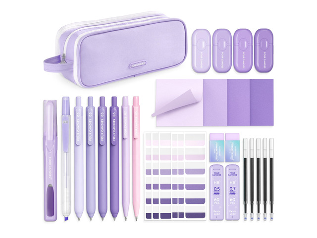 Aesthetic Purple School Supplies Kit with Case for Girls Back to School Stationery Set with Pens, Highlighters, Mechanical Pencils, Sticky Notes...