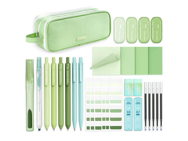 Green School Supplies with Case College Essentials Pens with Black Ink, Correction Tapes, Pastel Highlighters, Mechanical Pencils, Sticky Notes,...