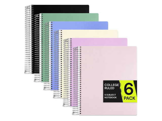 5 Subject Spiral Notebook College Ruled 6 Pack, 400 Pages, Assorted 200 Sheets, 9 x 11 in, 6 Pack Waterproof Plastic Cover, Durable, School...