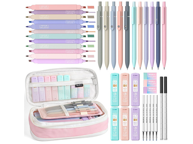 School Supplies Stationary Set with Pencil Case, 39 PCS Pink Back to Schoo Supplies, Pen Case with 12 Highlighter, 5 Gel Pen, 6 Mechanical Pencil,...