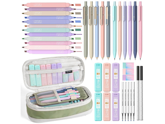 Aesthetic School Supplies Stationary Set with Pen Case, 39 PCS Green Back to Schoo Supplies, Pen Case with 12 Highlighter, 5 Gel Pen, 6 Mechanical...