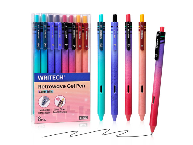 Black Ink Gel Pens: Retrowave 0.5mm Fine Point Silent Click 8ct Smooth Writing Refillable No Bleed Smudge Resistant for Everyday Writing Journaling...