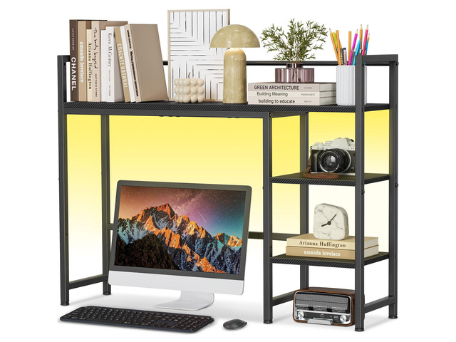 Desk Shelf with LED Strip, 38.6' Desktop Organizer Shelf, Desk Hutch for Computer Monitor, 4 Tier Desk Display Rack, Wood Desktop Bookshelf Storage...