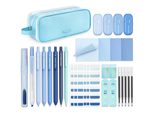 Aesthetic School Supplies Kit with Cute Blue Pencil Case Back to School Stationery Set with Pens, Highlighters, Mechanical Pencils, Sticky Notes...