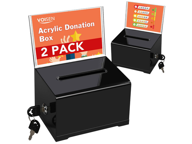 Acrylic Donation Box with Lock, Black Ballot Box with Sign Holder, 2 Pack Suggestion Boxes for Fundraising, Donation, Bar, School Voting,...