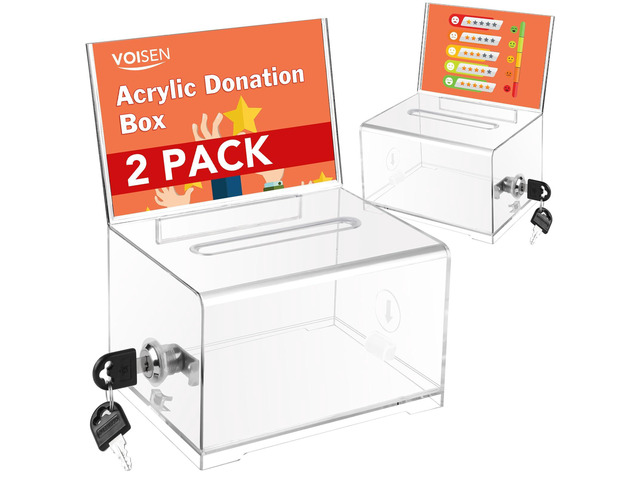 Clear Donation Box with Lock,2 Pack Tip Jar with Sign Holder Suggestion Box for Fundraising, Voting Box with Slot for School,Conference, Cash Box...
