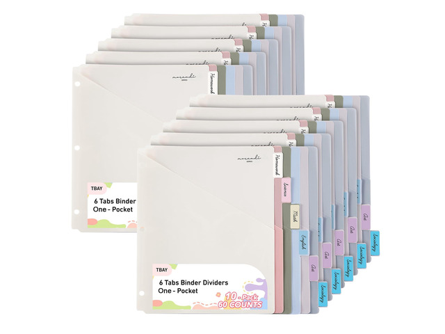 6-Tab Binders Dividers for 3 Ring Binder, 60 Counts Binder Dividers Index with One Pockets, Letter Size 8.5 x 11'', Morandi Colors (10)