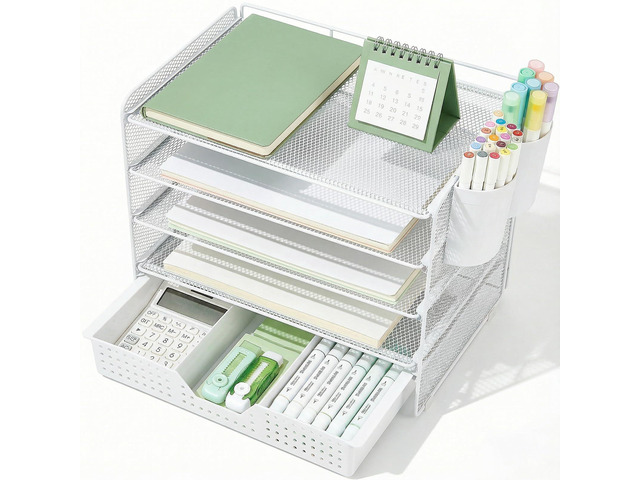 Desk Organizer and Accessories, 5-Tier Paper Letter Tray Organizer with Drawer & 2 Pen Holders for Desktop File Organization, Office Desk...