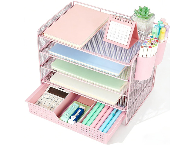 Desk Organizers and Accessories, 5-Tier Paper Letter Tray Organizer with Drawer & 2 Pen Holders, Desktop Organizer for Office Supplies (Pink)