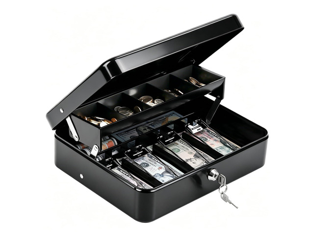 Cash Box with Money Tray and Key Lock, 1mm Thick Metal Cash Drawer Portable Cold-rolled Steel Money Box, Windproof Bill clips & Auto-Pop Coin Tray...