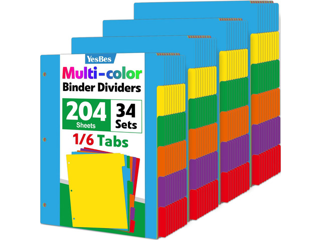 204 Pcs Colored Binder Dividers with Tabs, 1/6 Cut Tabs, Dividers for 3 Ring Binder, Blank Write On Binder Dividers in 6 Tab Sets, Letter Size, 204...