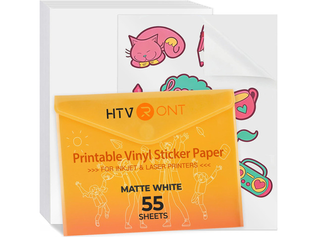 Printable Vinyl Sticker Paper, 55 Sheets, Matte White, 8.5'x11' Fast Dry, Durable, Great Stickiness, For Most Inkjet Printer, Anti-Curl & Jam-Free...